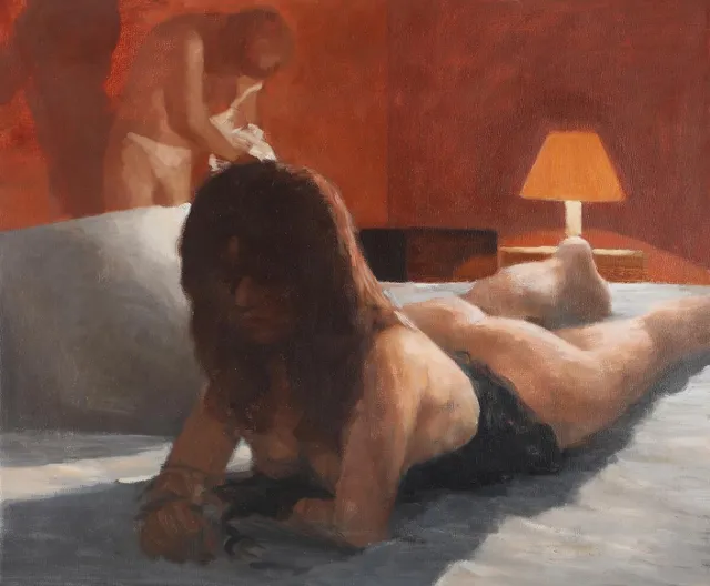 Peter Martensen: “Hvad skal der ske?”, 1991. Signed and dated on the reverse P. Martensen with title. Oil on canvas. 71.5 × 86 cm.