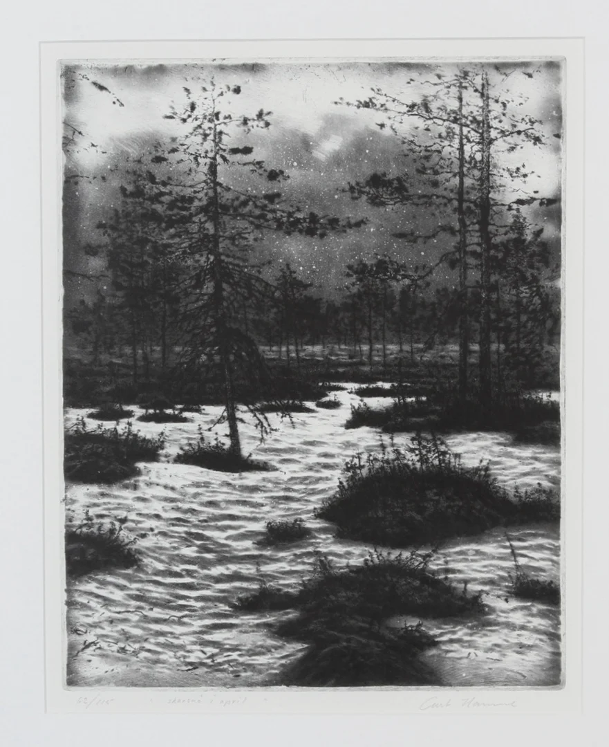 CURT HAMNE. "Skarsnö i april". Etsning. Signerad och numrerad 62/115. — Engravings & Prints — Gomér & Andersson Linköping