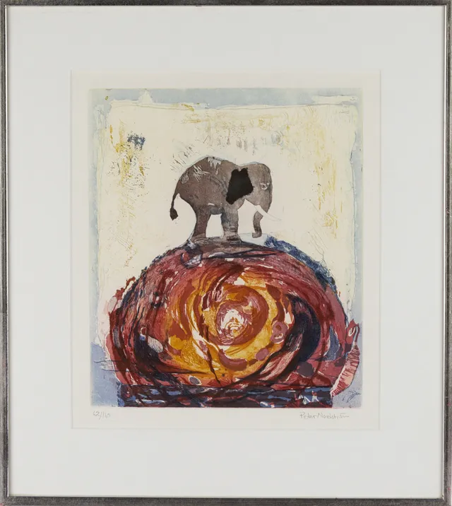 PETER NORDSTRÖM. Litografi, 62/160, komposition med elefant, signerad.