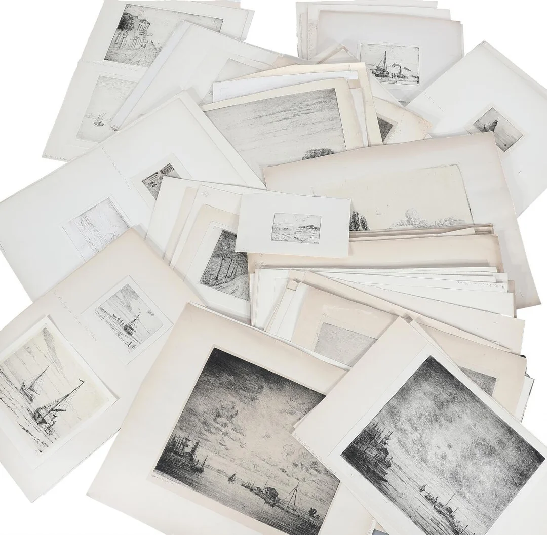 A very large collection of prints. Some signed with monogram. Etchings. Various sheet sizes. Unframed. — Prints & Drawings — Bruun Rasmussen