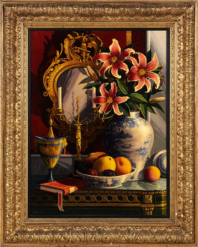 SVEN AHLGREN. Olja på pannå, stilleben med orientaliskporslin samt liljor, Signerad Ahlgren. 1990-tal.