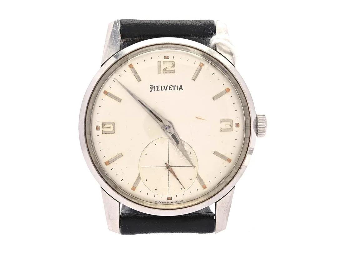 Helvetia Incabloc, herrur, stål, manuell, 34mm, plastglas, liten sekundvisare, läderband ej original — Klockor/Helvetia — Kaplans