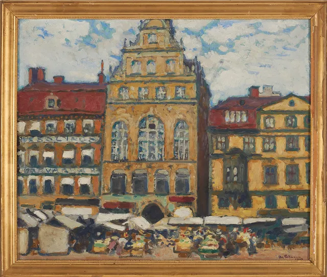 AXEL ERDMANN. Kornhamnstorg, Gamla Stan, olja på duk, signerad och daterad 1909.
