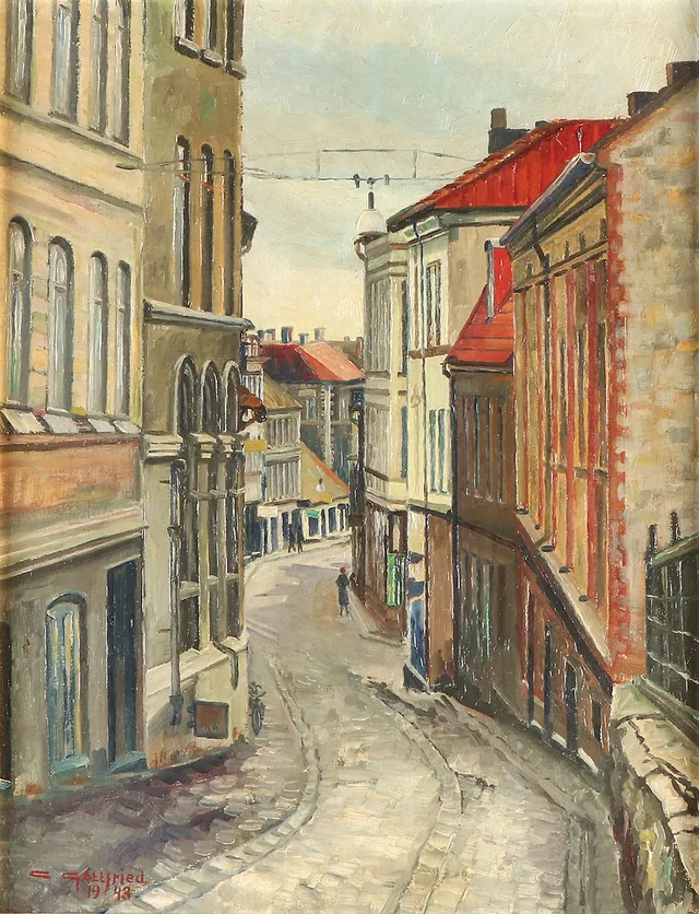 CARL GOTTFRIED. Oljemålning på duk. Stadsmotiv. Signerad.