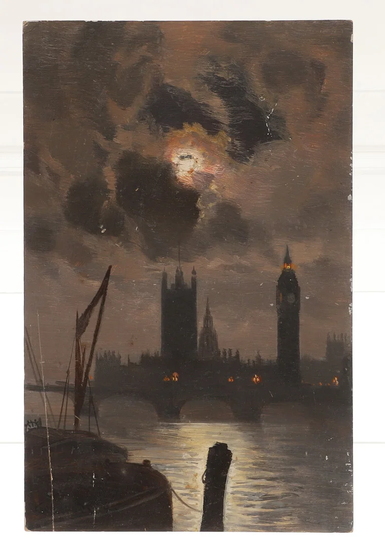 GEORGE HYDE-POWNALL (1866-1939). 'THE MOONLIT RIVER, WEST' A VIEW OF WESTMINSTER BRIDGE WITH THE PALACE OF WESTMINSTER BEYOND. — Paintings — Lawrences Auctioneers