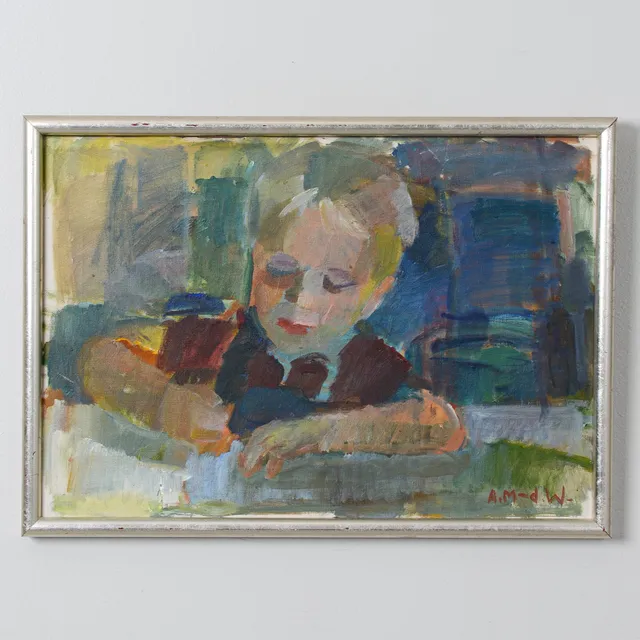 ASTRID MUNTHE DE WOLFE. "Tecknande pojke", olja på duk, signerad.