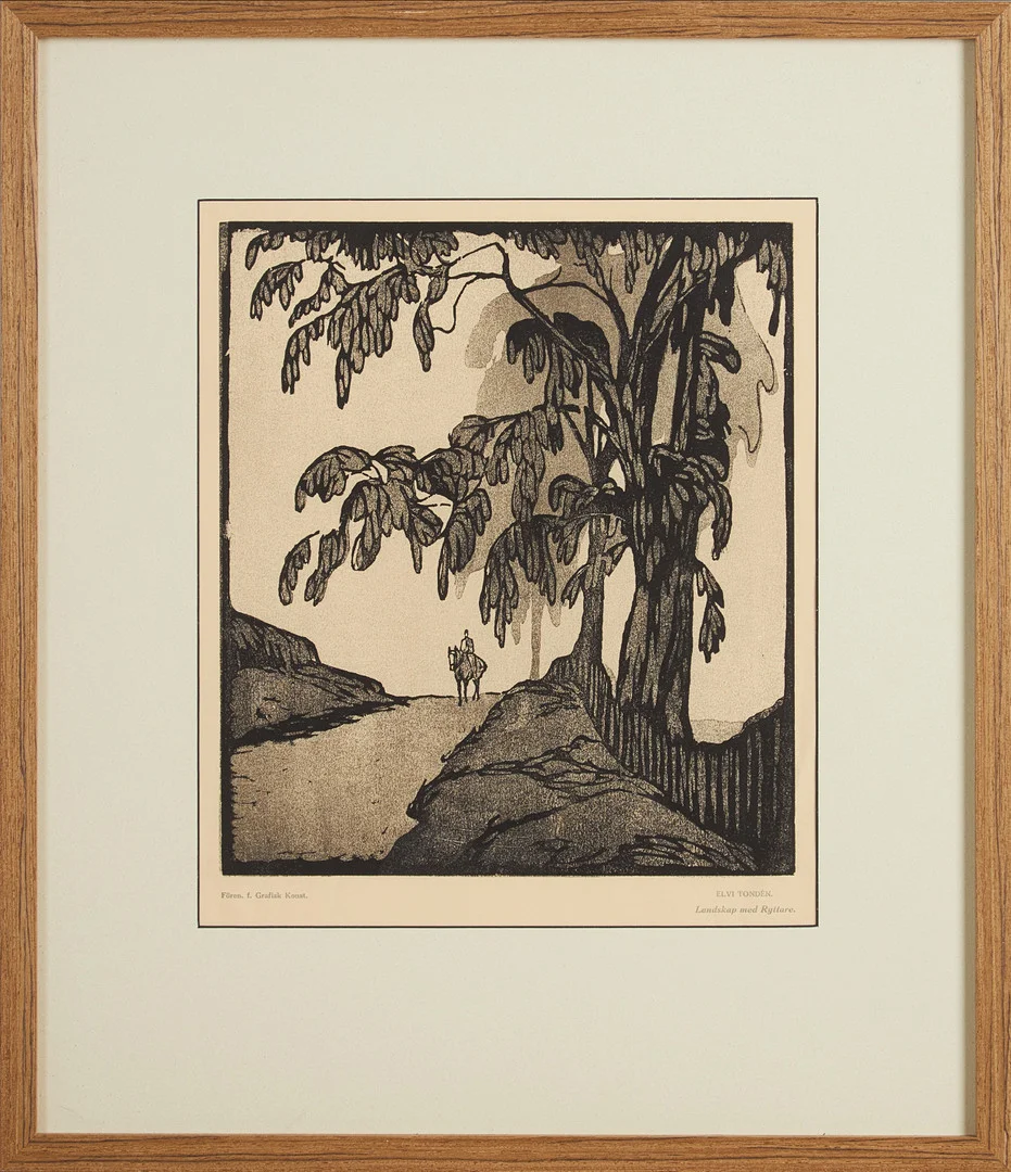 ELVI TONDÉN (1886-1971). "Landskap med ryttare", träsnitt, utgivet av föreningen för grafisk konst. — Engravings & Prints — Stockholms Auktionsverk Magasin 5