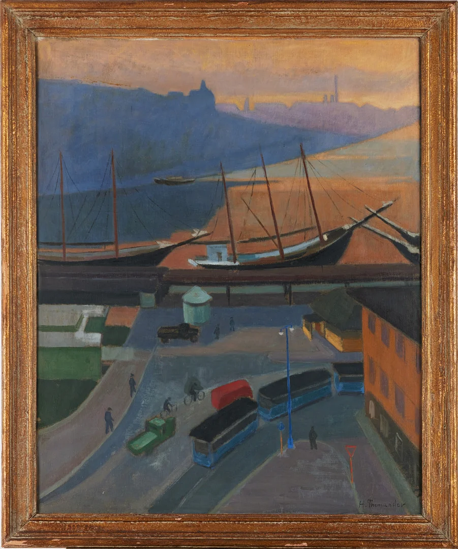 HARRY THOMANDER (1916-1998). Stadshamn, signerad H. Thomander, olja på duk. — Paintings — Stockholms Auktionsverk Magasin 5