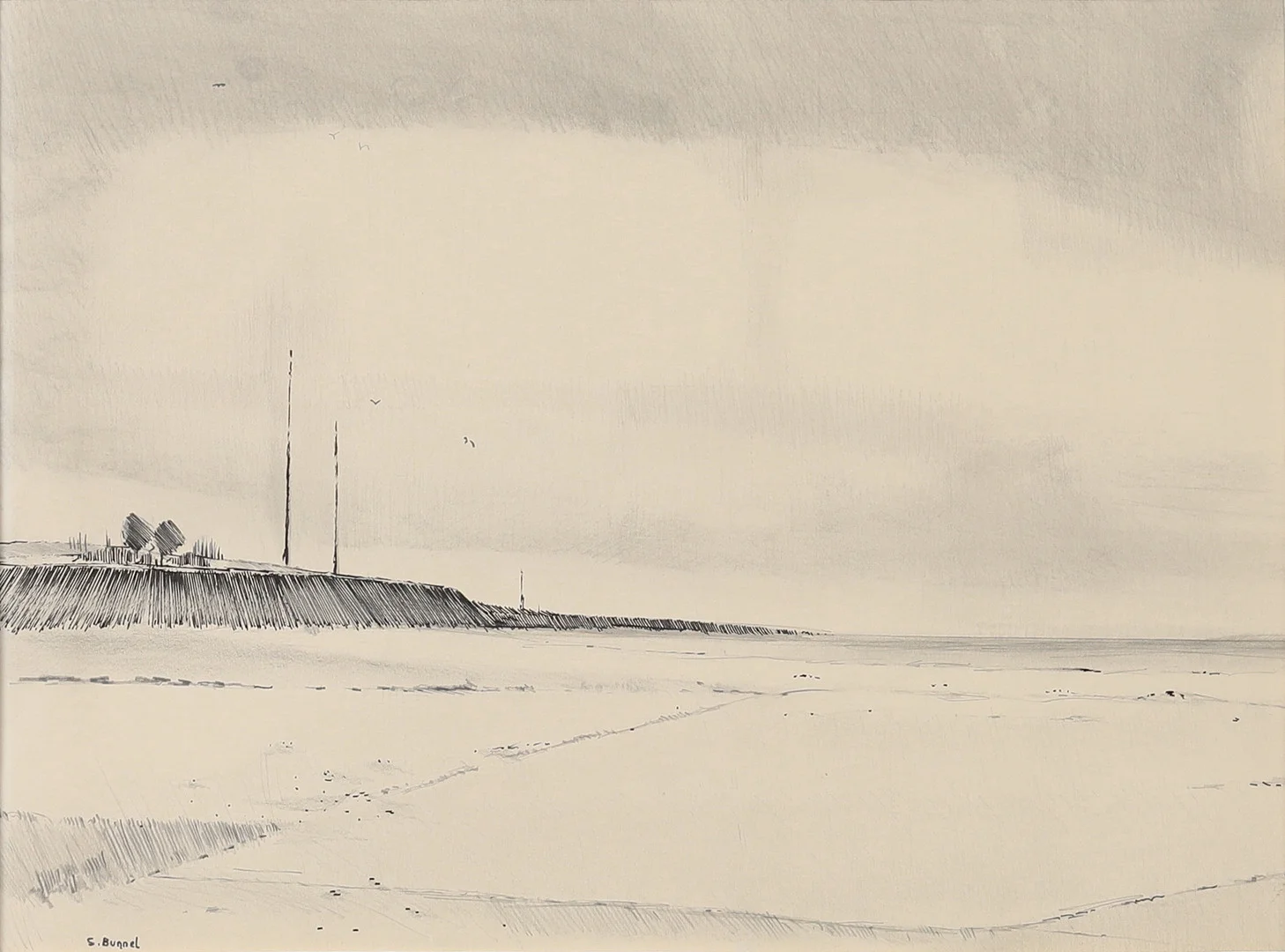 SVEN BUNNEL (1929-2004). Strandmotiv, tuschteckning, signerad. — Drawings — Garpenhus Auktioner