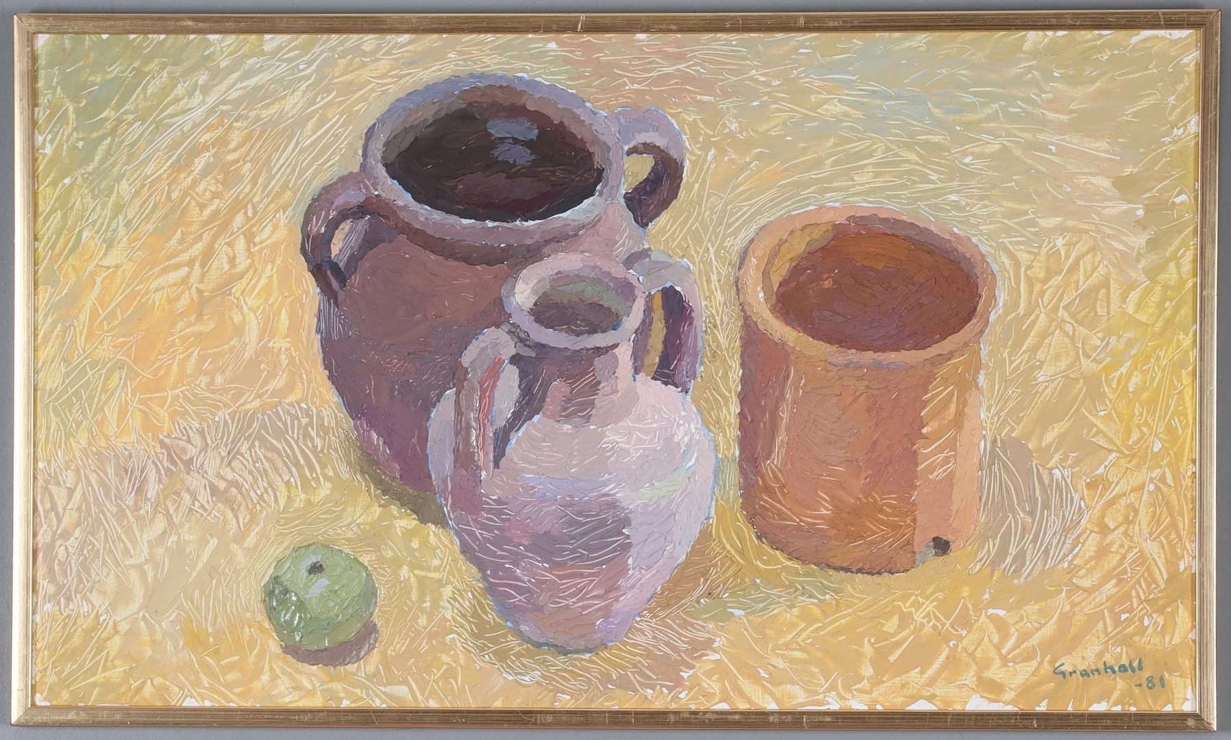 ARNE GRANHALL. Stilleben med krukor, olja på pannå, signerad. — Paintings — Stadsauktion Sundsvall