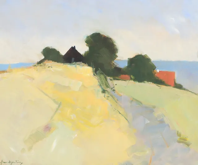 ARNE ASPELIN. Landskap med hus och kust.