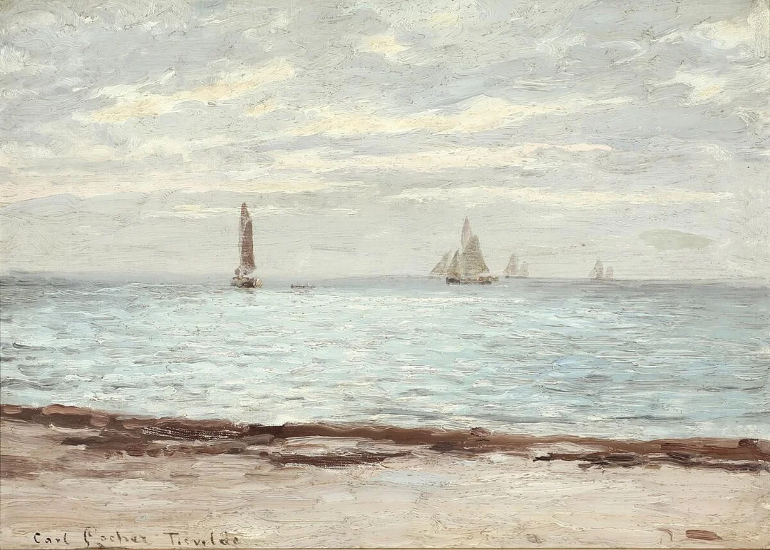 Sailing boats seen from the beach in Tisvilde. Signed Carl Locher Tisvilde. Oil on canvas. 41×57 cm. — Paintings — Bruun Rasmussen