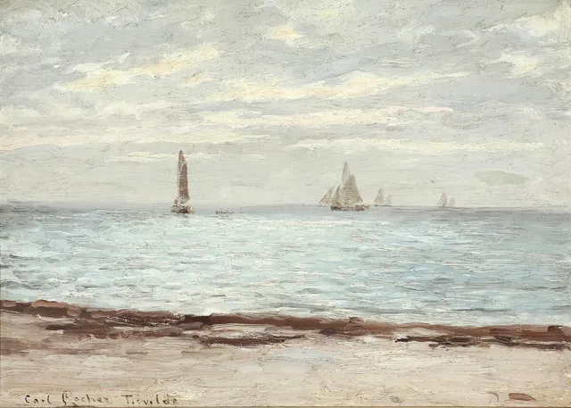 Sailing boats seen from the beach in Tisvilde. Signed Carl Locher Tisvilde. Oil on canvas. 41×57 cm.