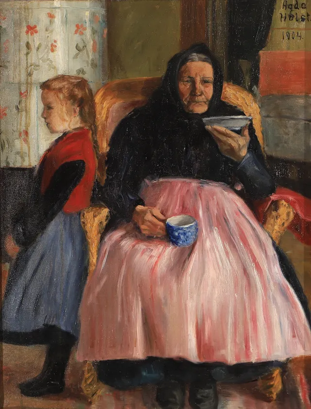 AGDA HOLST. Kaffedrickande kvinna och barn, olja på duk, signerad 1904.