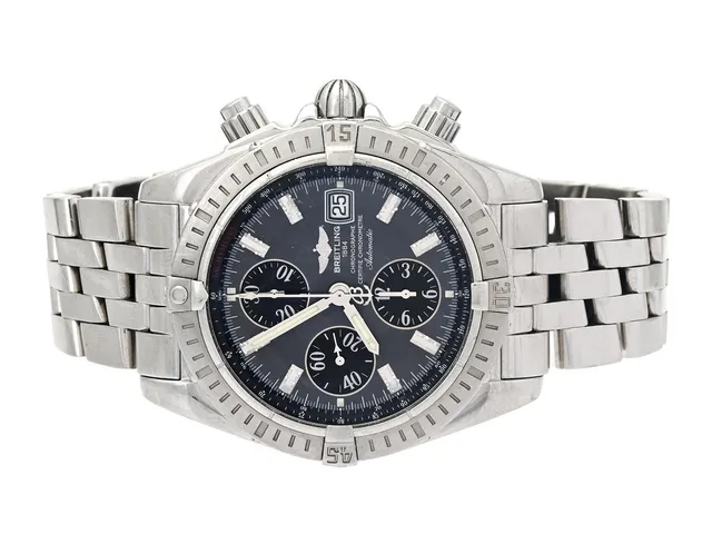 BREITLING, Chronomat Evolution, "Tachymetre", Chronometre, Cal 13 (ETA 7750), Verk nr. 799365, Serie nr. 799365, Ref nr. A13356, Boett nr. 3704B4, kronograf, herrur, 43,7 mm, stål, automatisk, safirglas, datum, skadad urtavla, servicebehov (se bild), Pilotlänk, viklås, Ref nr. S4004/357A, cert, oktober 2004, box, ytterkartong.