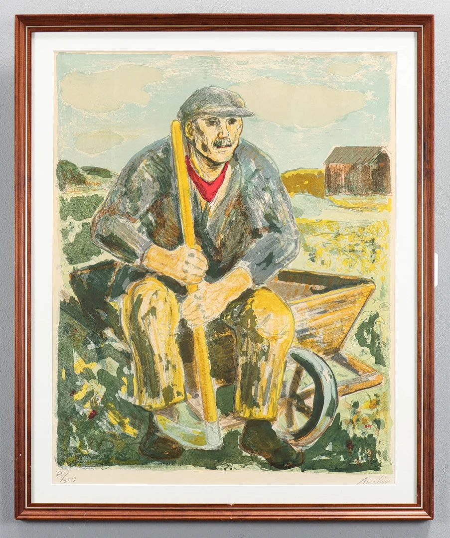 ALBIN AMELIN. Litografi 68/250, "Lantarbetare", signerad. — Engravings & Prints — Karlstad Hammarö Auktionsverk