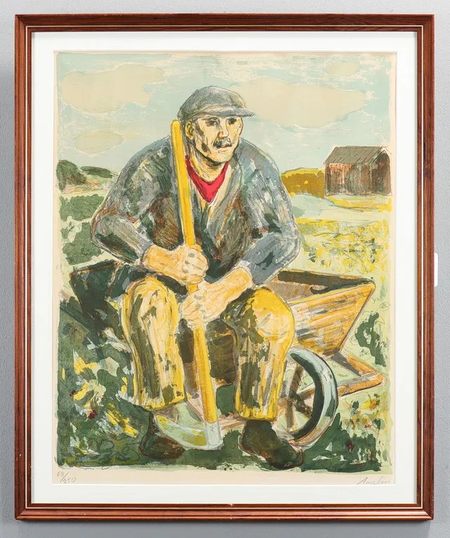 ALBIN AMELIN. Litografi 68/250, "Lantarbetare", signerad.