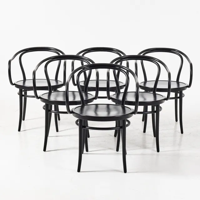 MICHAEL THONET. Armlänstolar 6 st., TON, svartmålat faner och böjträ.