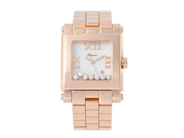 CHOPARD, Happy Sport, Serie nr. 1376139, Ref nr. 275322-5001, Boett nr. 275322, damur, 29,5 x 27 (38) mm, 18K rosa guld, quartz, safirglas, datum, diamanter (7 st. TW/VVS, 0,39 ctv), krona med safir (0,17 ctv), integrerad originallänk, viklås i 18K vitguld, längd 165 mm, totalvikt 152,7 gram, cert, juni 2010, box, ytterkartong.