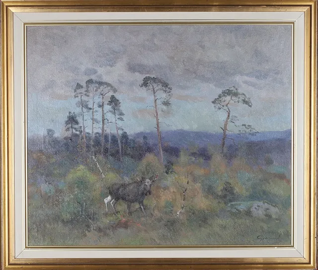HARALD GRENNARD. Olja på duk, älg i landskap, signerad.