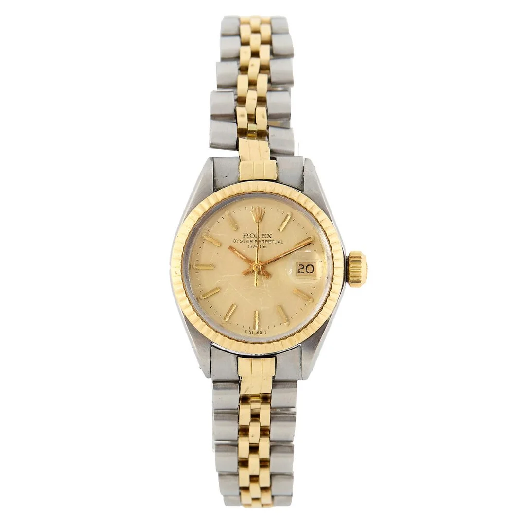 Oyster Perpetual Date of 18k gold and steel, ref. 6917. Mechanical movement with automatic winding and date indication, cal. 2030. Rolex “Jubilee” bracelet of 18k gold and steel. Circumference approximately 18 cm. Ø 26 mm. 1973. — Clocks & watches/Wristwatches — Bruun Rasmussen