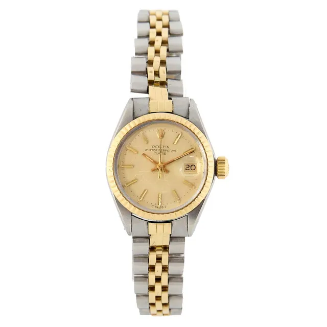 Oyster Perpetual Date of 18k gold and steel, ref. 6917. Mechanical movement with automatic winding and date indication, cal. 2030. Rolex “Jubilee” bracelet of 18k gold and steel. Circumference approximately 18 cm. Ø 26 mm. 1973.
