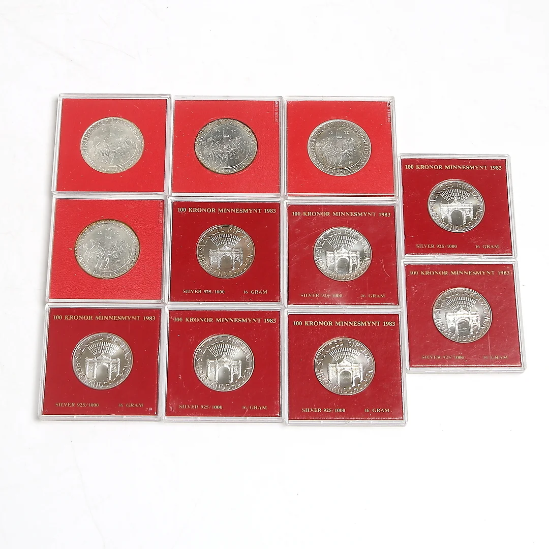 MINNESMYNT, 11 st, sterling silver, bl.a. 100 kr. "Sveriges Rikstag Helgeansholmen", 1983. — Coins & Banknotes — Stadsauktion Sundsvall
