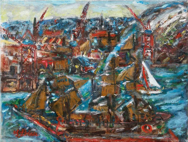 YNGVE STEEN. Hamnmotiv, olja på duk, signerad.
