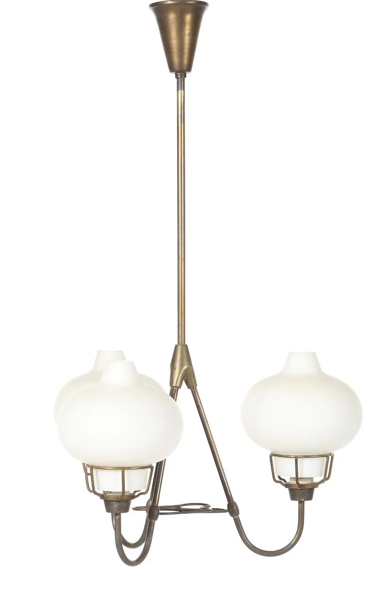 A patinated brass chandelier with three branches, loose opal glass shades. Model K770. Manufactured by Lyfa. H. 79. Diam. 50 cm. — Modern Lighting — Bruun Rasmussen