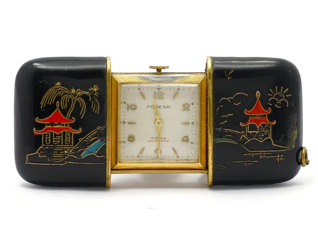 PORESA, reseur, 35 x 52 mm (utfälld 78 mm), doublé / lack, manuell, plexiglas, skadad urtavla, motiv, ca 1940.