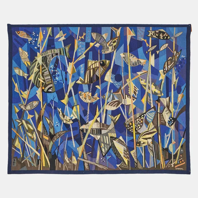 LARS GYNNING. "Poissons en bleu", vävd tapet, gobelängteknik, Pinton Frères, Aubusson.