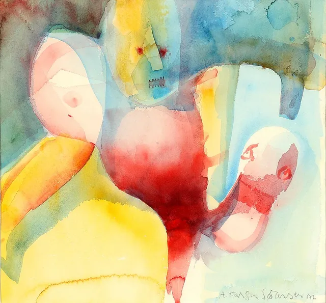 Untitled, 1976. Signed A. Haugen Sørensen. Watercolour on paper. Visibel size 35×37 cm.
