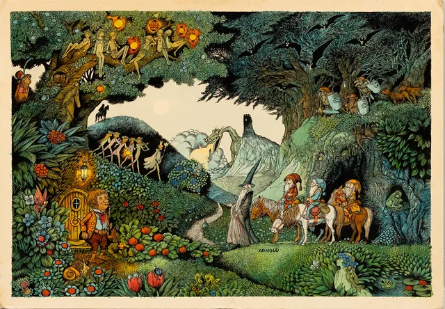 HANS ARNOLD. "Sagan om ringen" screentryck på kartong, signerad, 1970-tal.