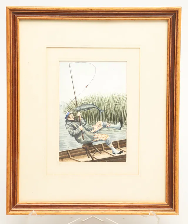 DAVID HINCHLIFFE. WATERCOLOUR 'HARRY GETS A BITE'.
