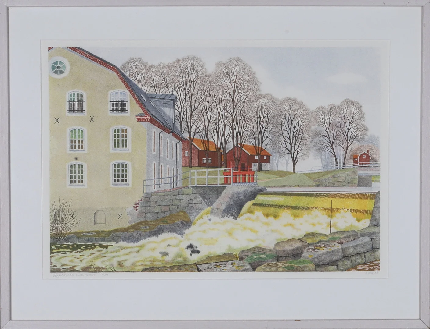 CARIN AX. "Vårflod vid Ulva kvarn", färglitografi, signerad och numrerad 99/190. — Engravings & Prints — Gomér & Andersson Norrköping