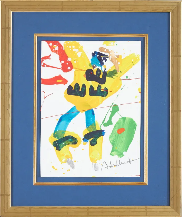 PER ADALBERT (1953-). Komposition med hockeyspelare, Tre Kronor, akryl på papper, signerad.
