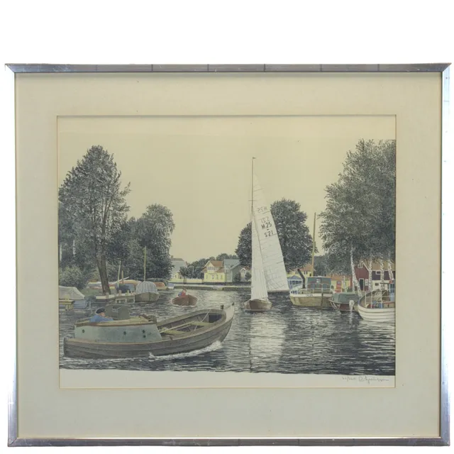 REINHOLD LJUNGGREN. Litografi, 66/360, "Hamnen Trosa", signerad.