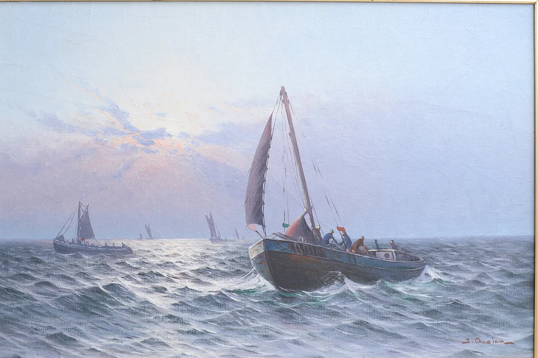 JOHAN OSSIAN ANDERSSON. Olja på duk, båtar till havs, signerad. — Paintings — RA Auktionsverket Norrköping