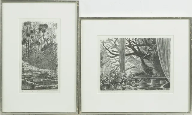 EVA STOCKHAUS (1919-2009). Trägravyrer, eget handtryck, 2 st, "Januari", "Hotet", signerade och numrerade 33/40 samt 15/310.