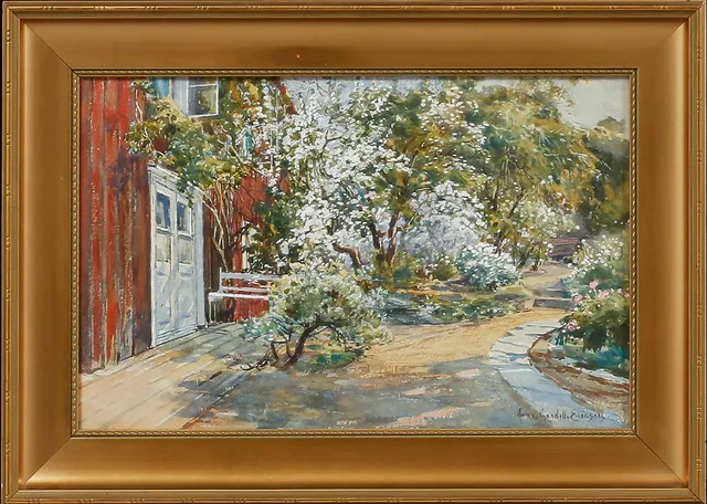 ANNA GARDELL ERICSON. Blommande trädgård. Akvarell, signerad.