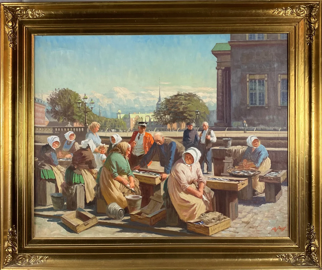 SÖREN CHRISTIAN BJULF. Olja på duk, fiskmarknaden i Köpenhamn, signerad. — Paintings — Höganäs Auktionsverk