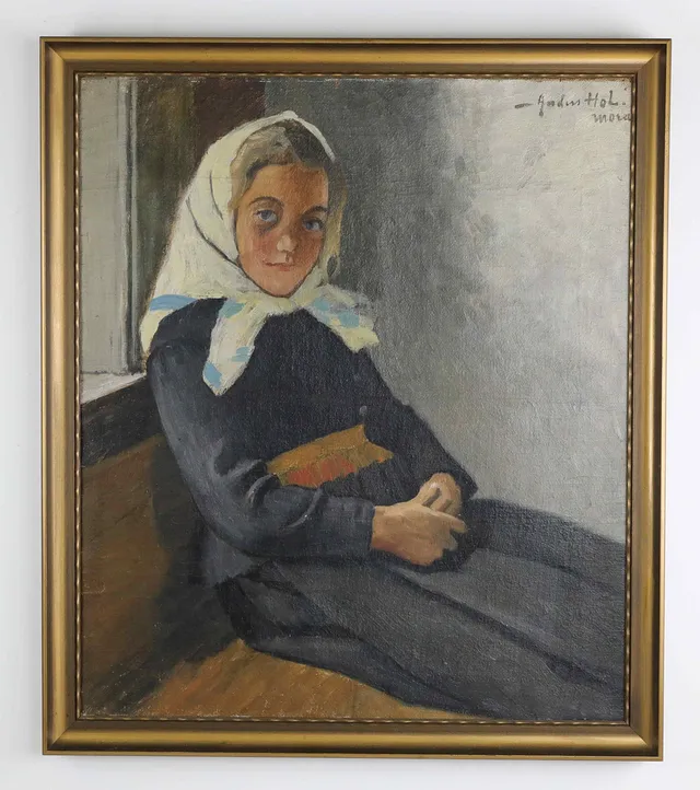 ANDERS HOL (1867-1959). Olja på duk, porträtt, Mora, signerad.