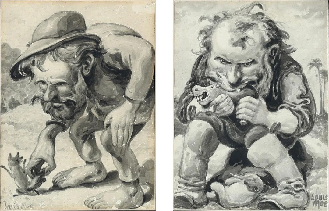 Two trolls. Grisaille. Both signed Louis Moe. Watercolour on paper mounted in passe partout. Visible size 31×22.5 cm. (2). — Prints & Drawings — Bruun Rasmussen