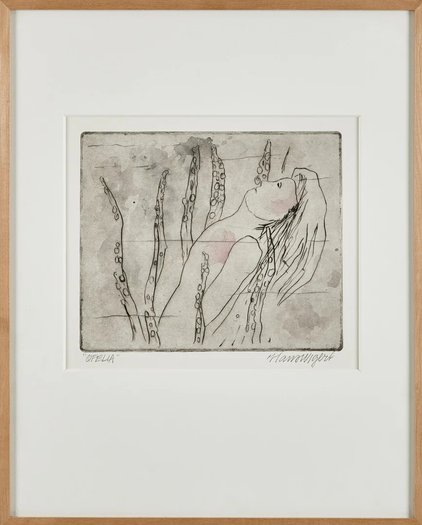 HANS WIGERT. "Ofelia", akvarellerad torrnålsgravyr, signerad. — Engravings & Prints — Stockholms Auktionsverk Magasin 5
