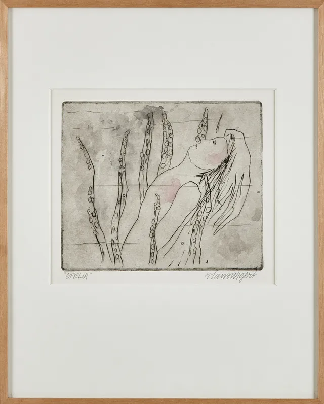 HANS WIGERT. "Ofelia", akvarellerad torrnålsgravyr, signerad.