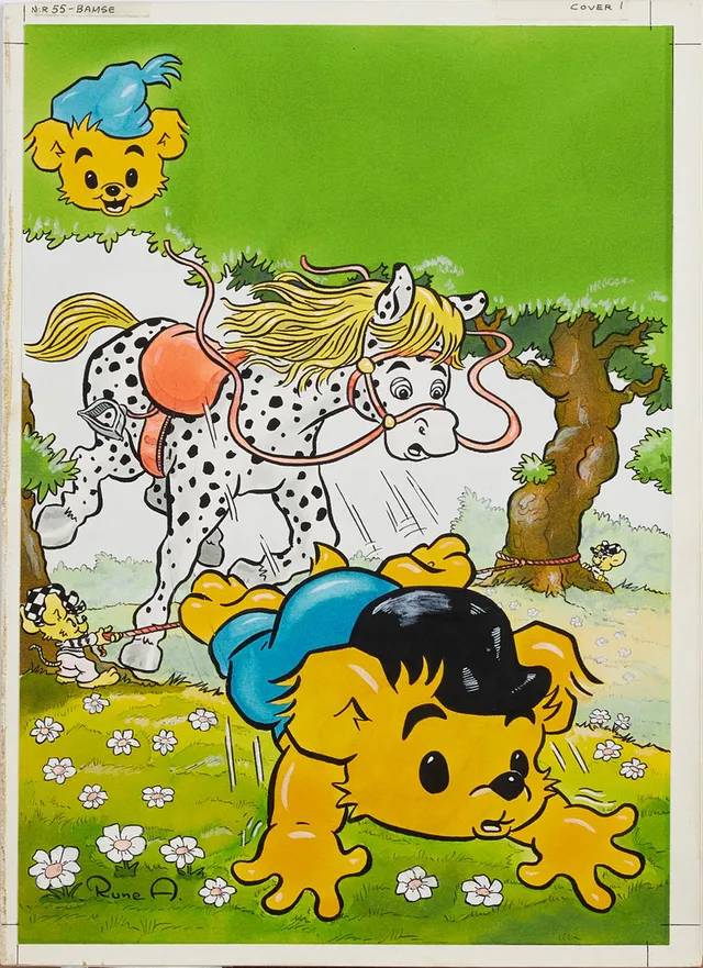 RUNE ANDRÉASSON. Bamse, original till omslag, nummer 9 från 1977, signerad Rune A, tusch och akvarell på papper uppklistrat på kartong.