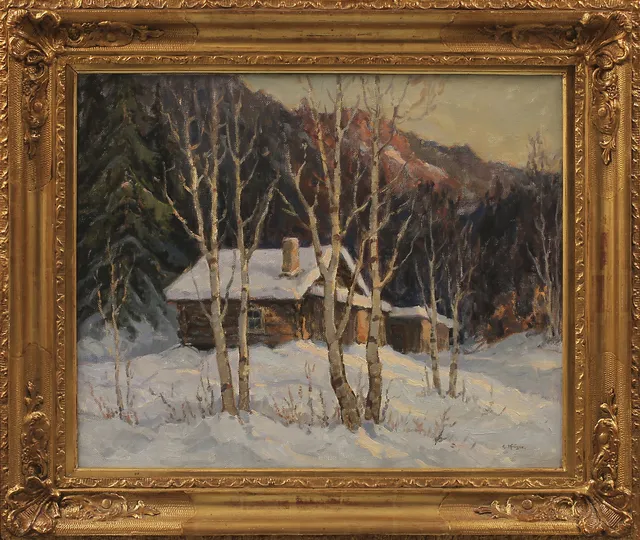 EINAR KRÜGER. Stuga i vinterlandskap, olja på duk, signerad.