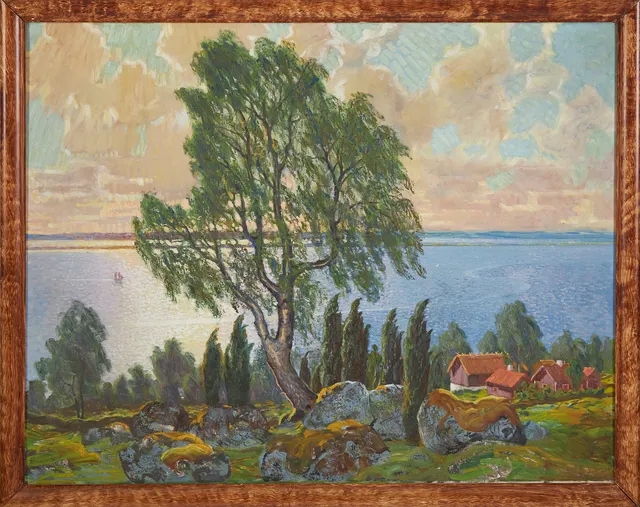 ELIS ÅSLUND. Vätterbranterna, med utsikt mot Visingsö, olja på duk, signerad.
