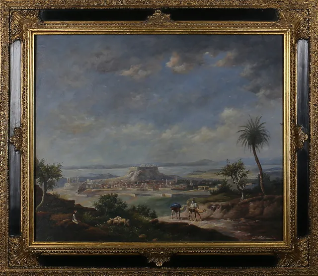 OIDENTIFIERAD KONSTNÄR. Orientaliskt motiv. Olja på duk. Otydlig signatur.