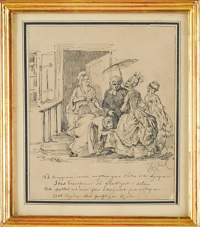 FRITZ VON DARDEL. Grevinnans besök, tusch, påskrift "På trappan med nigningar täta och djupa . Stod Prestfrun så gladlynt i solen..." signerad i blyerts.